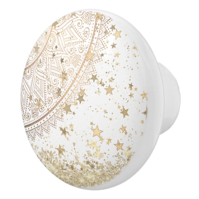 Lotus Mandala mit Gold Stars auf Weiß Keramikknauf (Rechts)