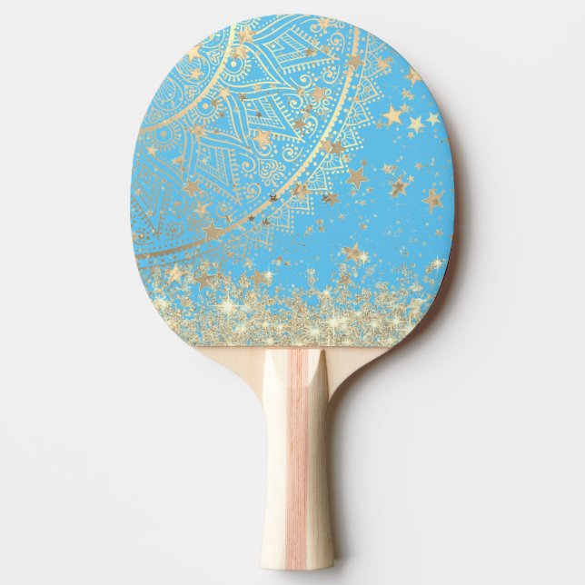 Lotus Mandala mit Gold Stars Glitzer auf Blue Tischtennis Schläger (Vorderseite)