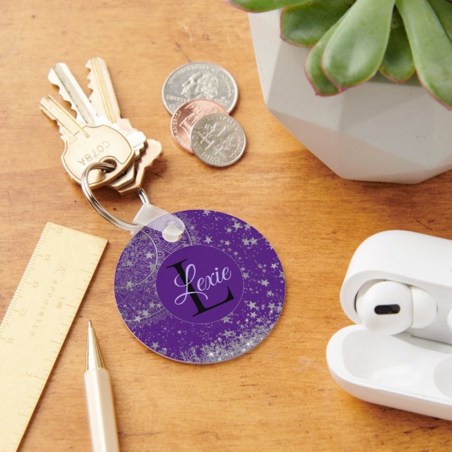 Lotus Mandala mit Silver Stars auf Lila Custom Schlüsselanhänger (Schreibtisch)