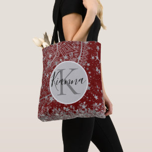 Lotus Mandala mit Silver Stars on Red Personalize Tasche