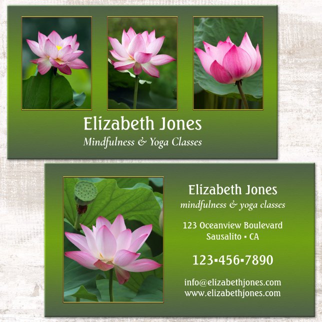Lotus Mindfulness Yoga Ihre Fotos Visitenkarte (Elegant green design business card with pink lotus flowers or custom photos - meditation - yoga)