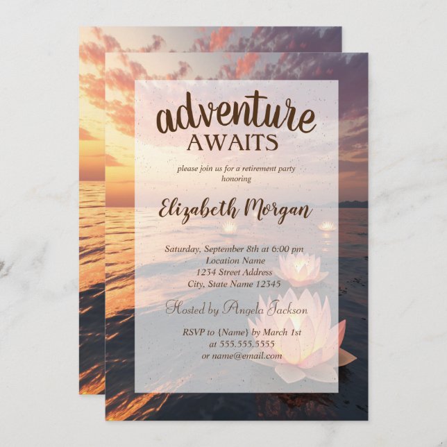 Lotus Ocean Sunset Retirement Party Einladung (Vorne/Hinten)