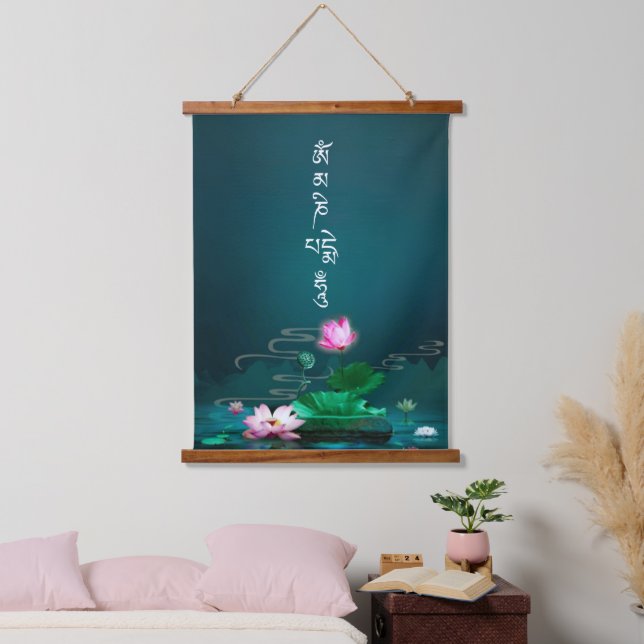 Lotus Om Mani Padme Hum Buddhist Mantra Wandteppich Mit Holzrahmen (Schlafzimmer)