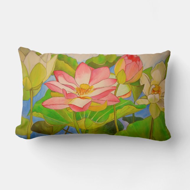 Lotus pink Wasserlilie Aquarellmalerei Lendenkissen (Vorderseite)