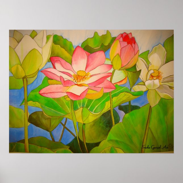 Lotus pink Wasserlilie Aquarellmalerei Poster (Vorne)