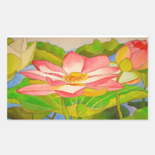 Lotus pink Wasserlilie Aquarellmalerei Rechteckiger Aufkleber