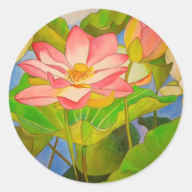 Lotus pink Wasserlilie Aquarellmalerei Runder Aufkleber (Vorderseite)