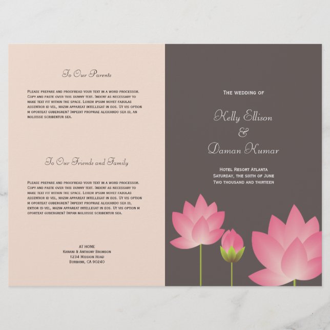 Lotus rose moderne grise programme de mariage (Devant)