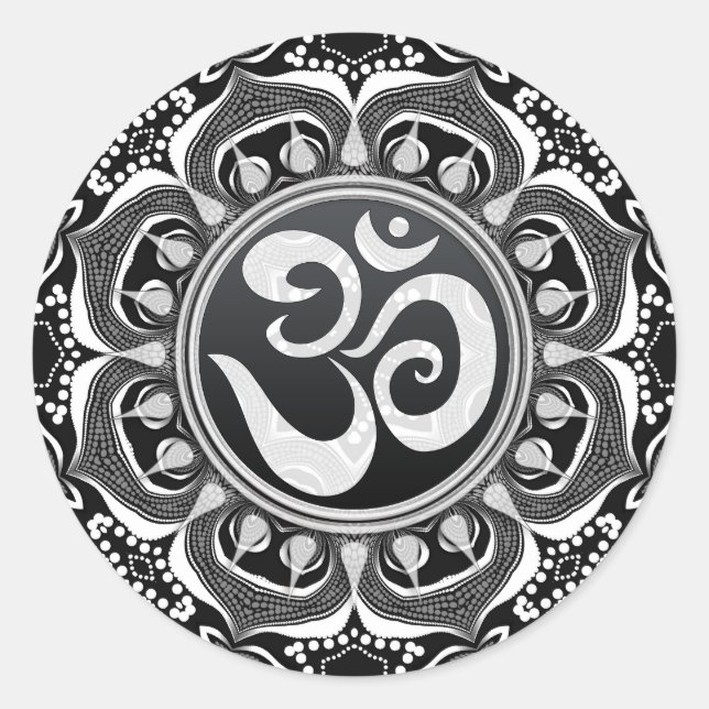 Lotus Tribal Black+White Om Spirituelle Art Sticke Runder Aufkleber (Vorderseite)