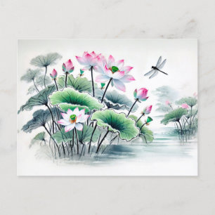 Lotus und Dragonflies Asiatische Tintenmalerei Feiertagspostkarte