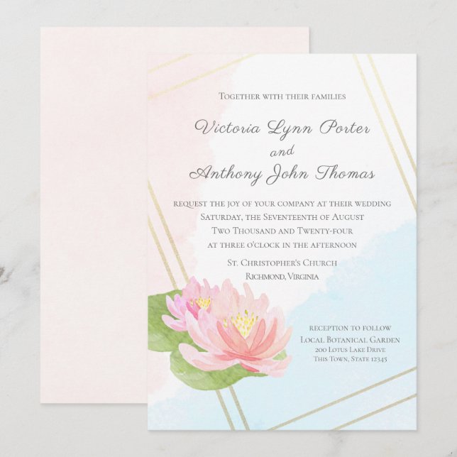 Lotus Watercolor Lake Wedding Einladung (Vorne/Hinten)