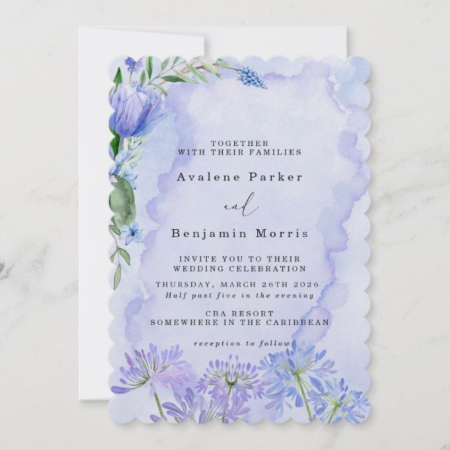 Lotus Wedding Einladungen für lila und blaue Flora (Vorderseite)