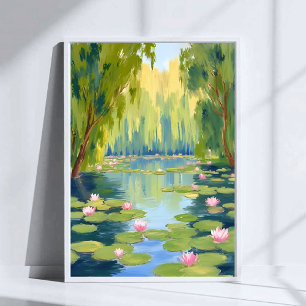 Lotusblüten Teich   Grüne Wasserfarbe Natur Poster