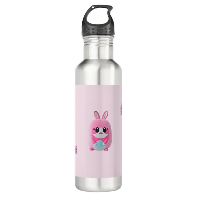"Lou Lou" Eine kuschelige, rosa Kreatur. Edelstahlflasche (Vorderseite)