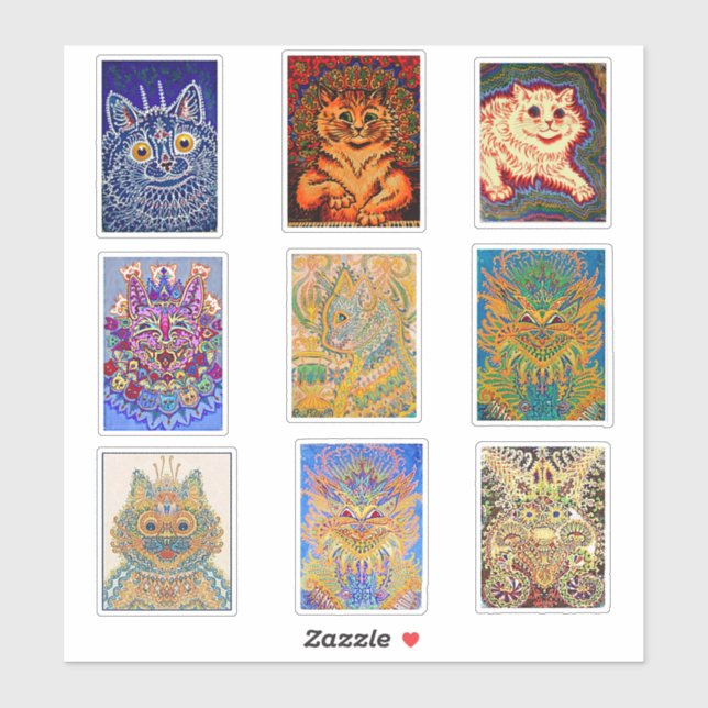 Louis Wain, 9 Gemälde der psychedelischen Katze, Aufkleber (Blatt)