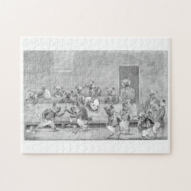 Louis Wain "A Vestry Meeting" Gemälde über Bulldog (Horizontal)