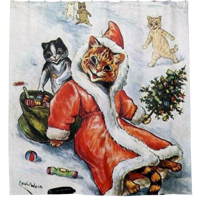 Louis Wain Christmas Santa Cat Duschvorhang (Vorderseite)
