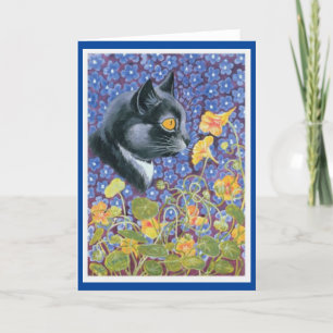 Louis Wain, Katze in einem Meer von Blumen, Grußka Dankeskarte