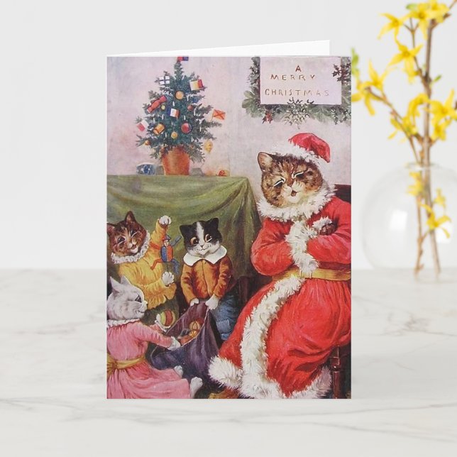 Louis Wain Weihnachtskatzen Vintage Viktorianische Karte (Gelbe Blume)
