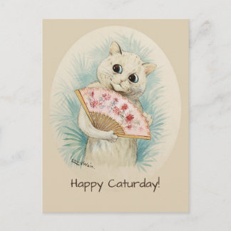 Louis Wain White cat mit einem Fan Happy Caturday Postkarte
