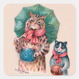 Louis Wains Katze und Kitten mit Regenschirmen Quadratischer Aufkleber
