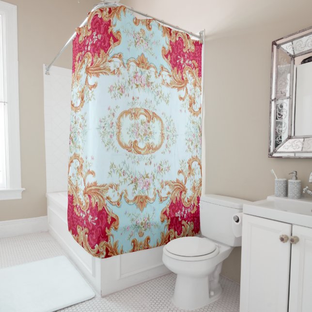Louis XV Elegant Red Gold Gilded Floral Duschvorhang (Beispiel)