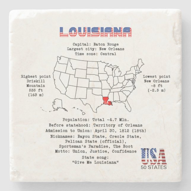 Louisiana American Staat auf der Karte und nützlic Steinuntersetzer (Vorderseite)
