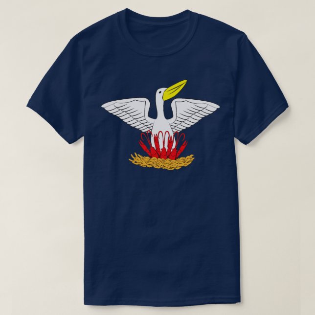 Louisiana Brown Pelican Fütternd Crawfish LA Flag T-Shirt (Design vorne)
