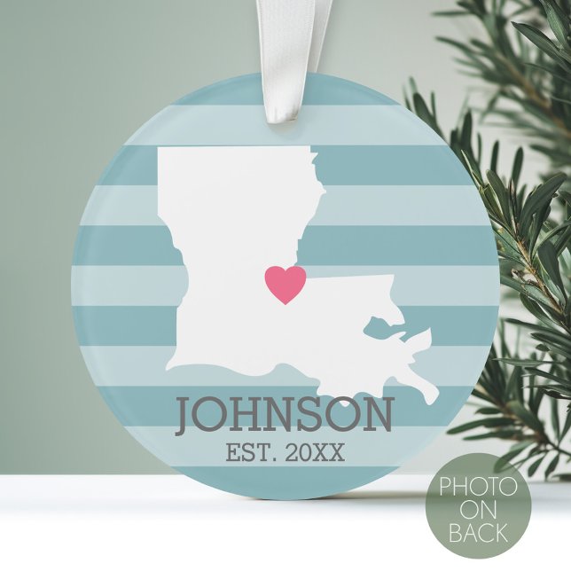Louisiana Home State Map - Custom Wedding City (Personalized Photo Ornament with a State Design on the Front and Photo on the Back)