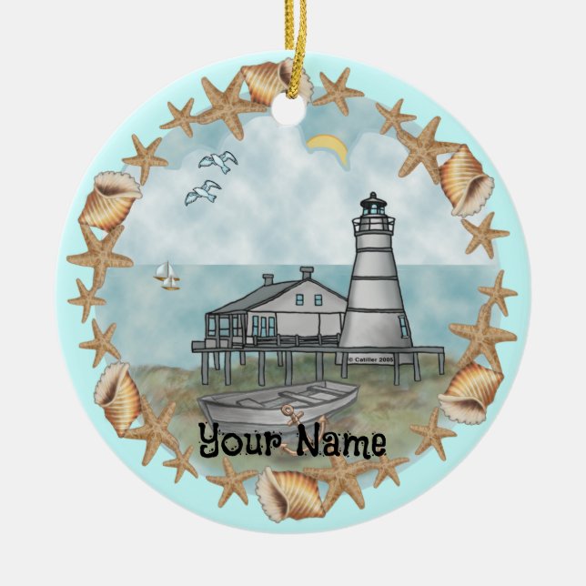 Louisiana Muscheln Leuchtturm Keramik Ornament (Vorne)
