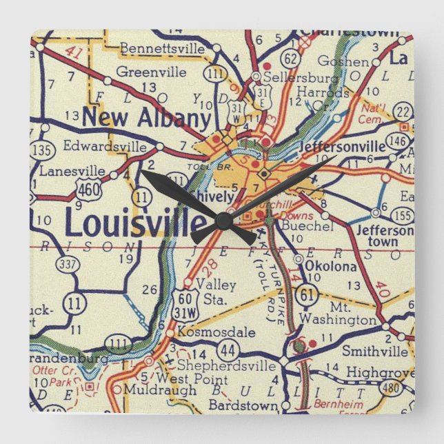 Louisville KY Classic Map Quadratische Wanduhr (Vorderseite)