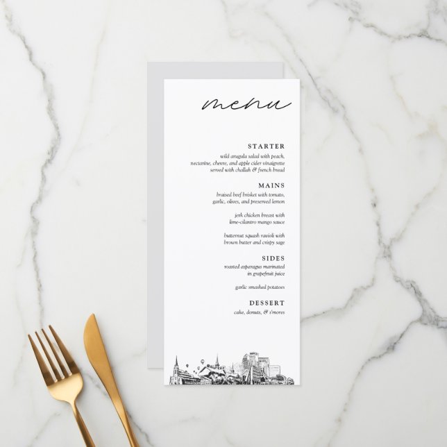 Louisville Skyline Wedding Dinner Menu Menükarte (Vorderseite/Rückseite Beispiel)