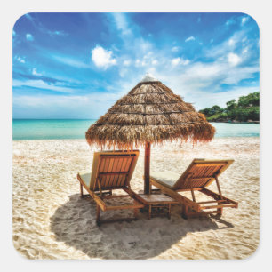 Lounge Chairs Beach throw Pillow Quadratischer Aufkleber