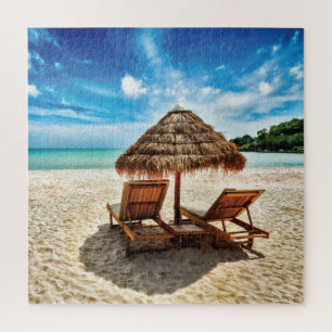 Lounge chairs on beach throw pillow