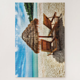Lounge chairs on beach throw pillow