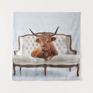 Lounging Highland Cow Tapestry Wandteppich