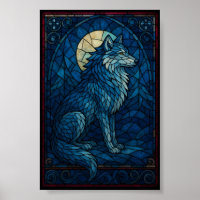 Loup bleu mystique – Art mural de style vitrail