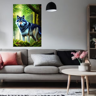 loup dans la forêt verte AI Art Poster