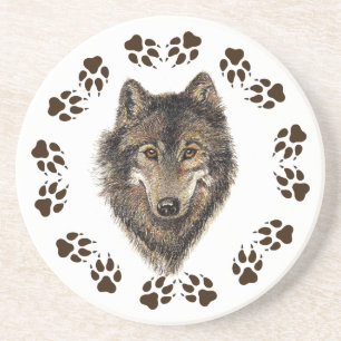 Loup et traces Aquarelle Dessous de verre animal