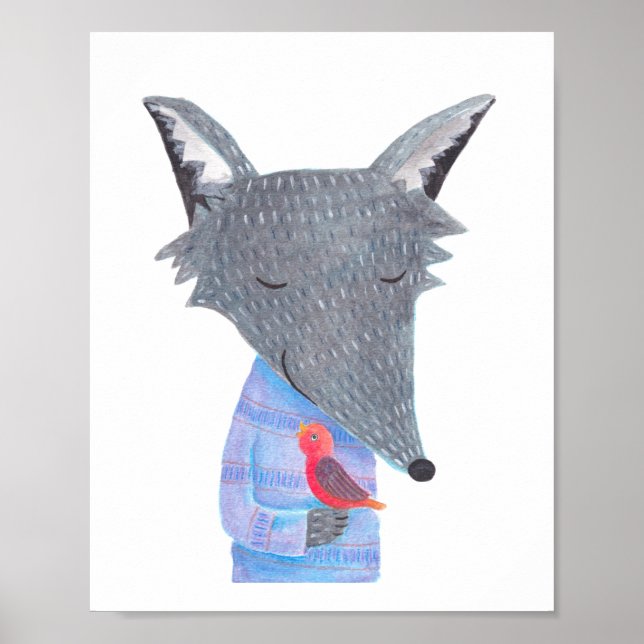Loup gris Oiseau rouge Bois d'illustration Poster (Devant)