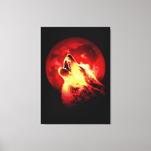 Loup Howling & Lune rouge toile enveloppée (Recto)