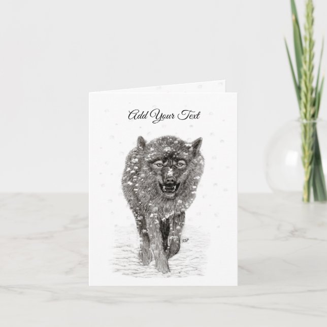 Loup noir en colère dans la neige, hiver sauvage (Devant)
