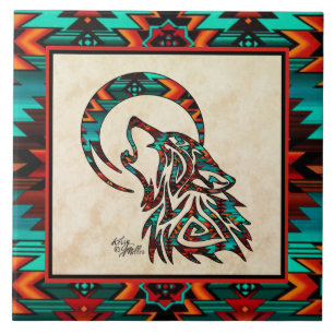 Loup Tribal hurlant Sur La Carreaux De Céramique L