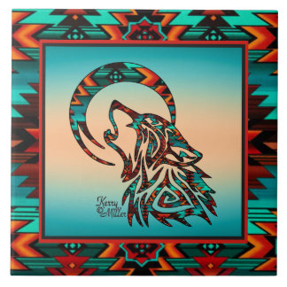 Loup Tribal hurlant Sur La Carreaux De Céramique L