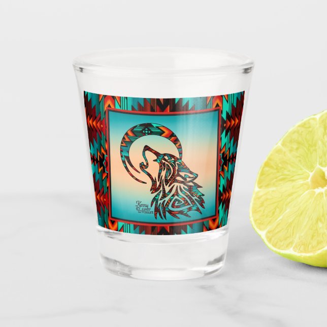 Loup Tribal hurlant Sur La Lune Tirant Un Verre (Devant)