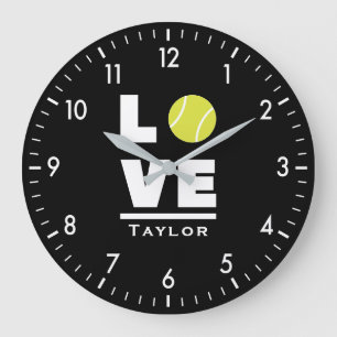 Love And Live Tennis Sports Fan Custom Name Große Wanduhr