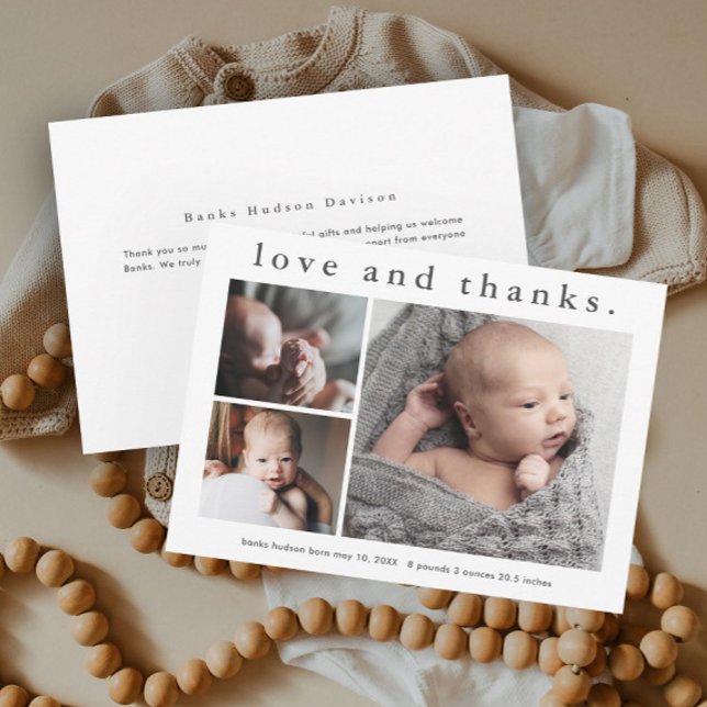 Love and Thanks 3 Photo Baby Carte de remerciement (Simple Typography Love and Thanks 3 Photo Collage Baby Announcement Thank You Card.)