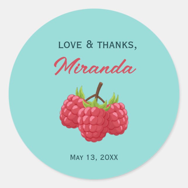 Love and Thanks Custom Round Sticker with Raspbery (Devant)