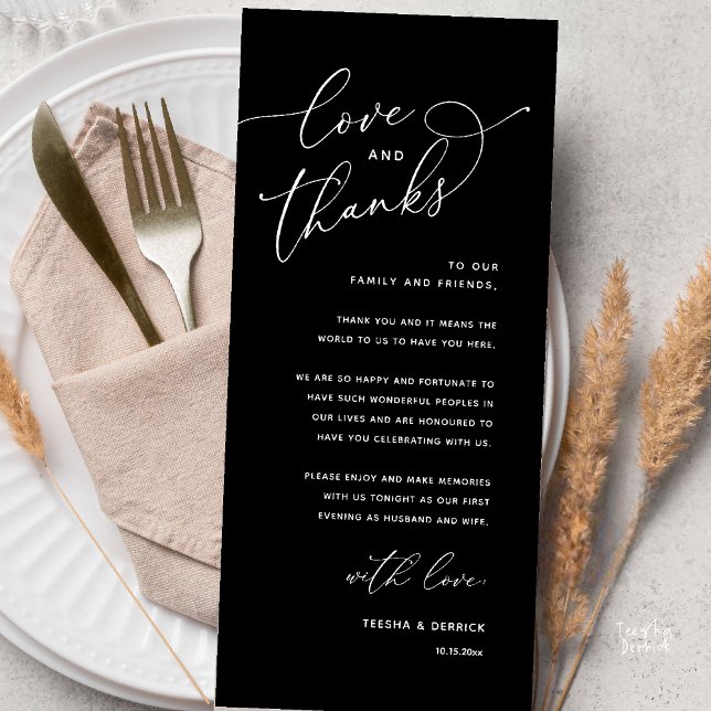 Love and Thanks, Wedding Dinner Thank You Card Programm (Love and Thanks, Wedding Romantic Reception Thank You Card in Black and White)