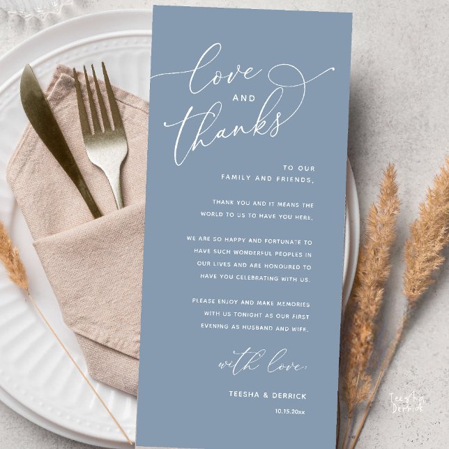 Love and Thanks, Wedding Dinner Thank You Card Programm (Love and Thanks, Wedding Romantic Reception Thank You Card in Dusty Blue)
